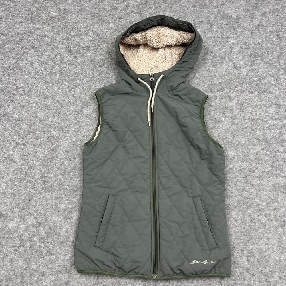 Eddie Bauer Vest Womens XS Green Quilted Hooded Sherpa Fleece Lined Outdoor